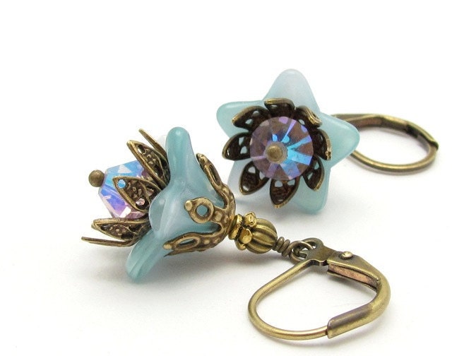 Blue Flower Earrings Vintage Glass Amethyst AB Swarovski Crystals Antiqued Goldtone