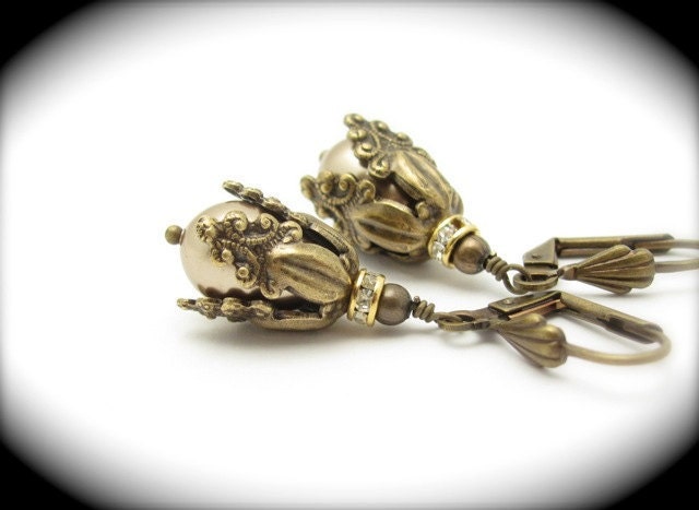Pearl Earrings Ornate Steampunk Bronze Swarovski Pearl Crystal Antiqued Goldtone Wedding Bridal Hawaiibeads