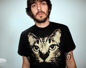 t-shirt, mens tshirt, cat tshirt, cat tee, cat, black tee, mens cat t shirt, 1AEON black tee with Golden Cat-  Size mens or unisex  L
