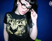 womens black cat tee, black tshirt, cat t shirt, 1AEON black tee with golden Kitty Cat-  Size women's L
