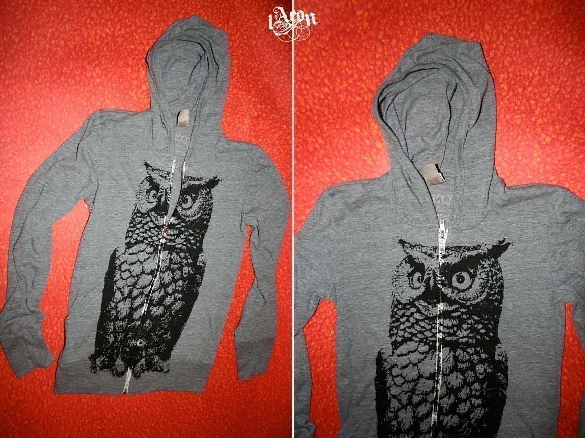 animal etsy, Owl hoodie, eco hoodie, native american, 1AEON Eco organic recycled gray zip hoodie w GIANT OWL unisex L, Owl sweatshirt,