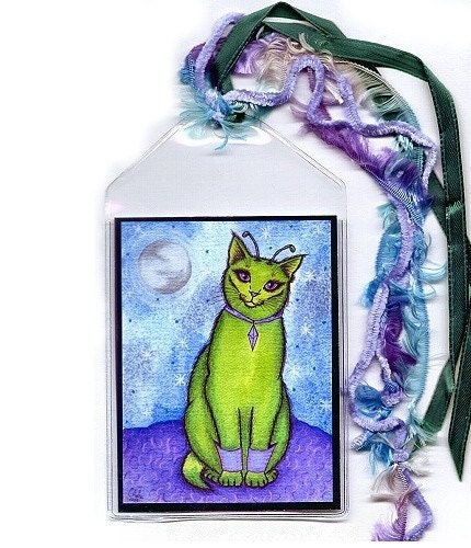 Alien Cat Bookmark Space Martain Green Fantasy Cat Art Mini Bookmark