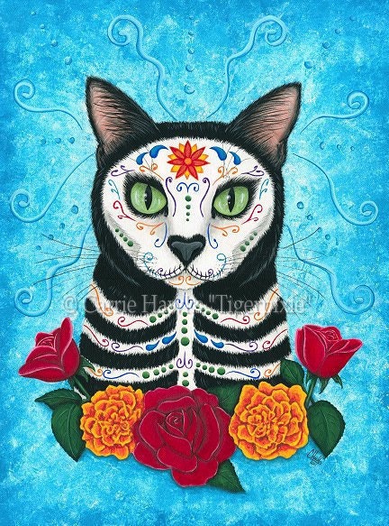 Day of the Dead Cat Art Gothic Mexican Skull Fantasy Cat Art Print 12x16