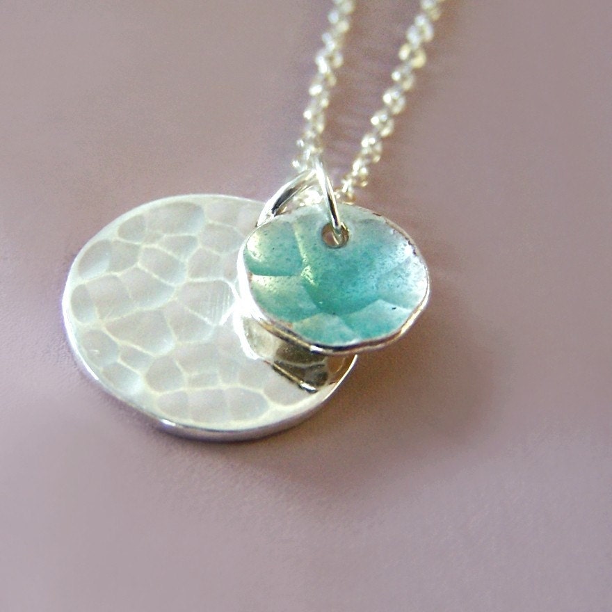 Hammered Sterling Silver and Blue Enamel Necklace - Pool