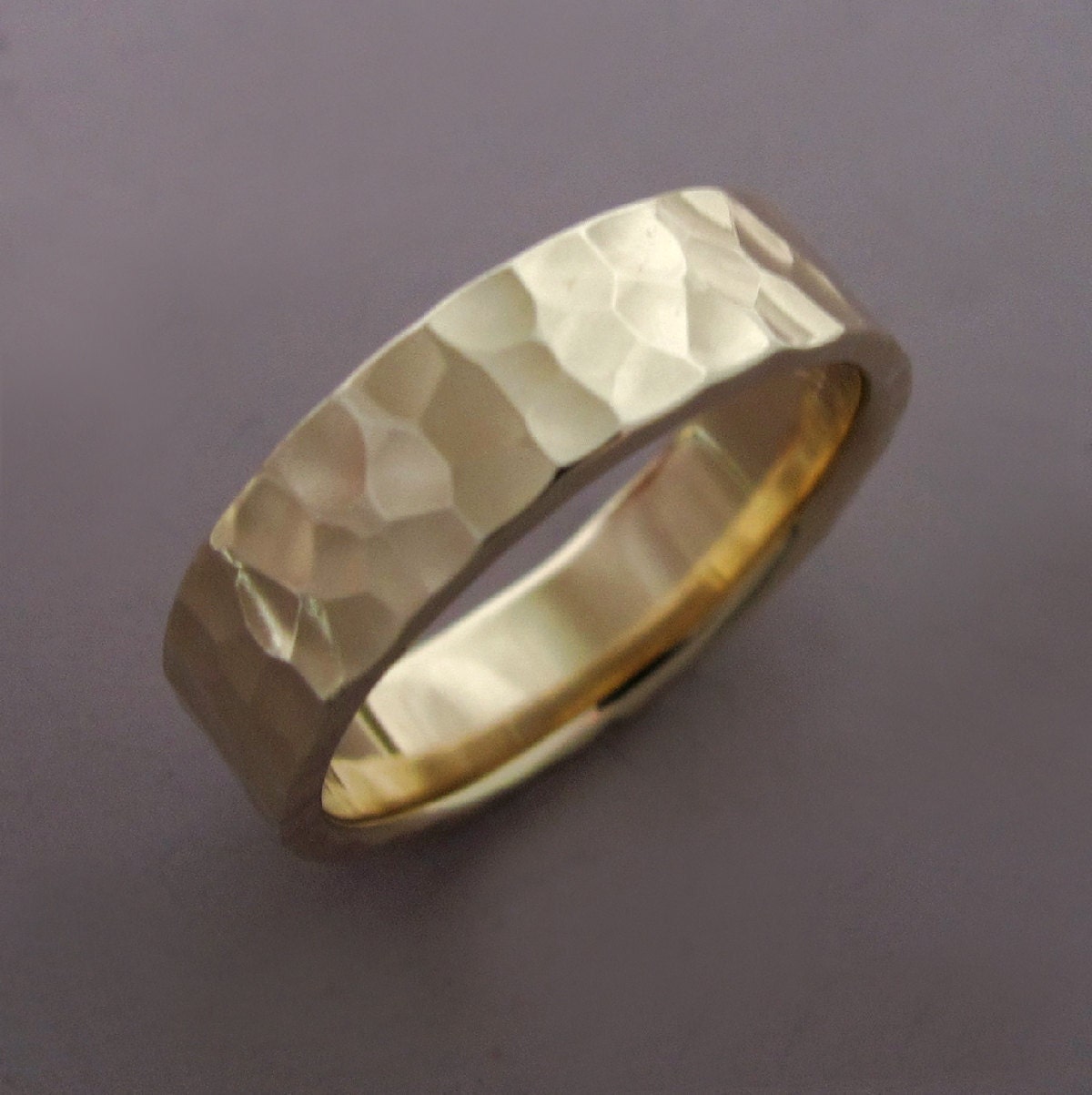 Yellow Gold Wedding Ring - Hand Hammered 14k Recycled Gold - 5 mm