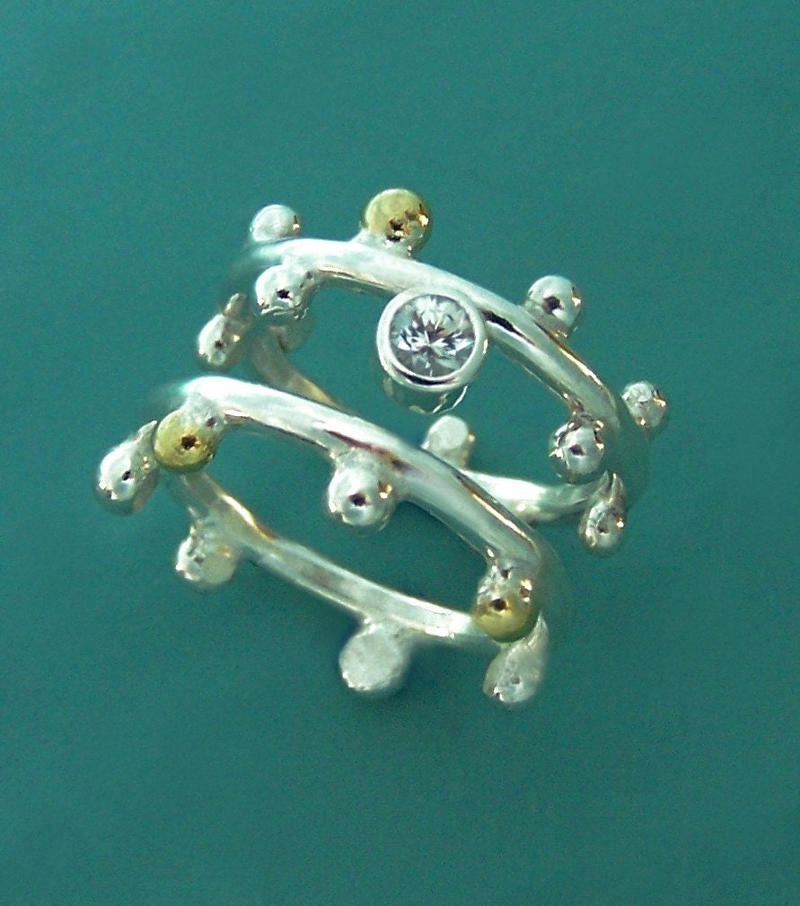 Twig Wedding Engagement Ring Set - White Sapphire and 22k Yellow Gold