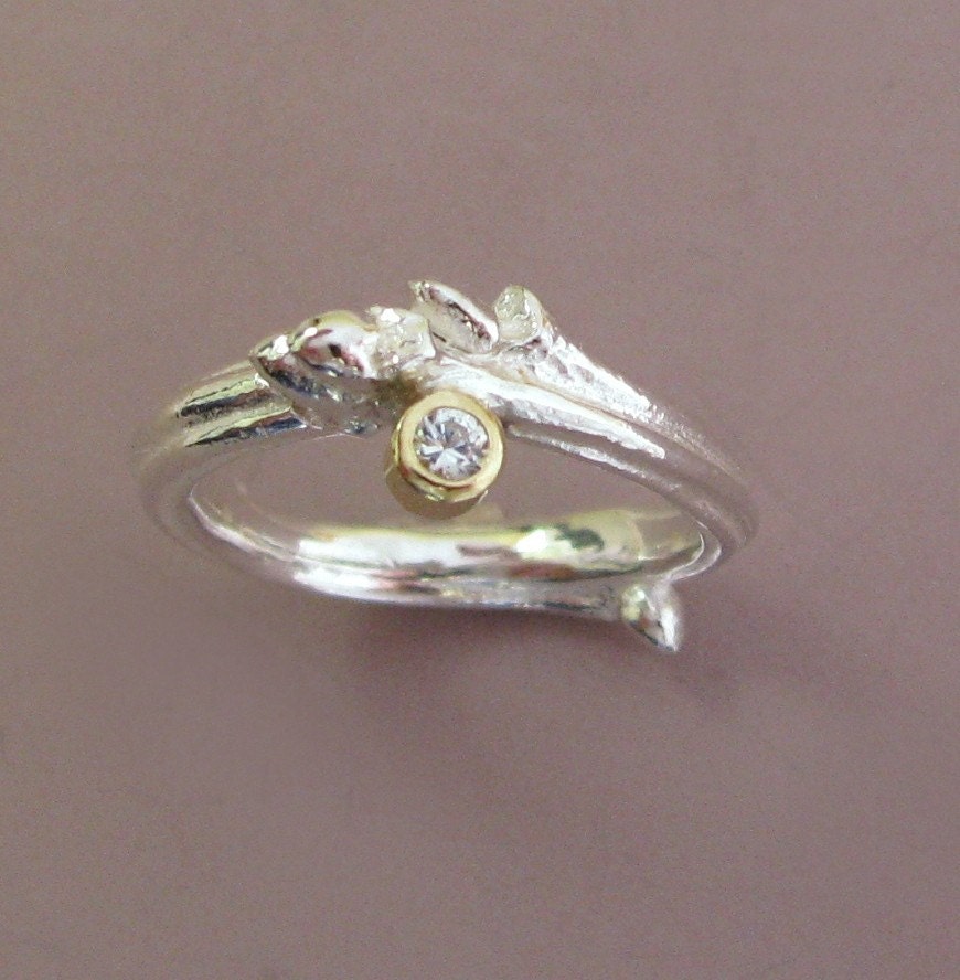 Oak Twig Engagement Ring in Sterling Silver 18k Gold and Moissanite - READY TO SHIP - Size 7.5