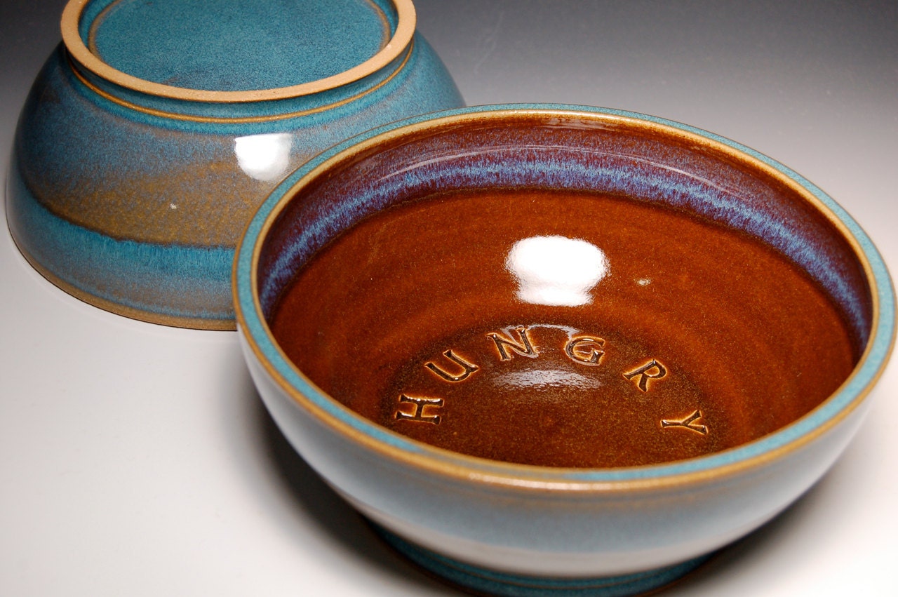 Large Dog Chow Dish - Brown and Teal Pottery