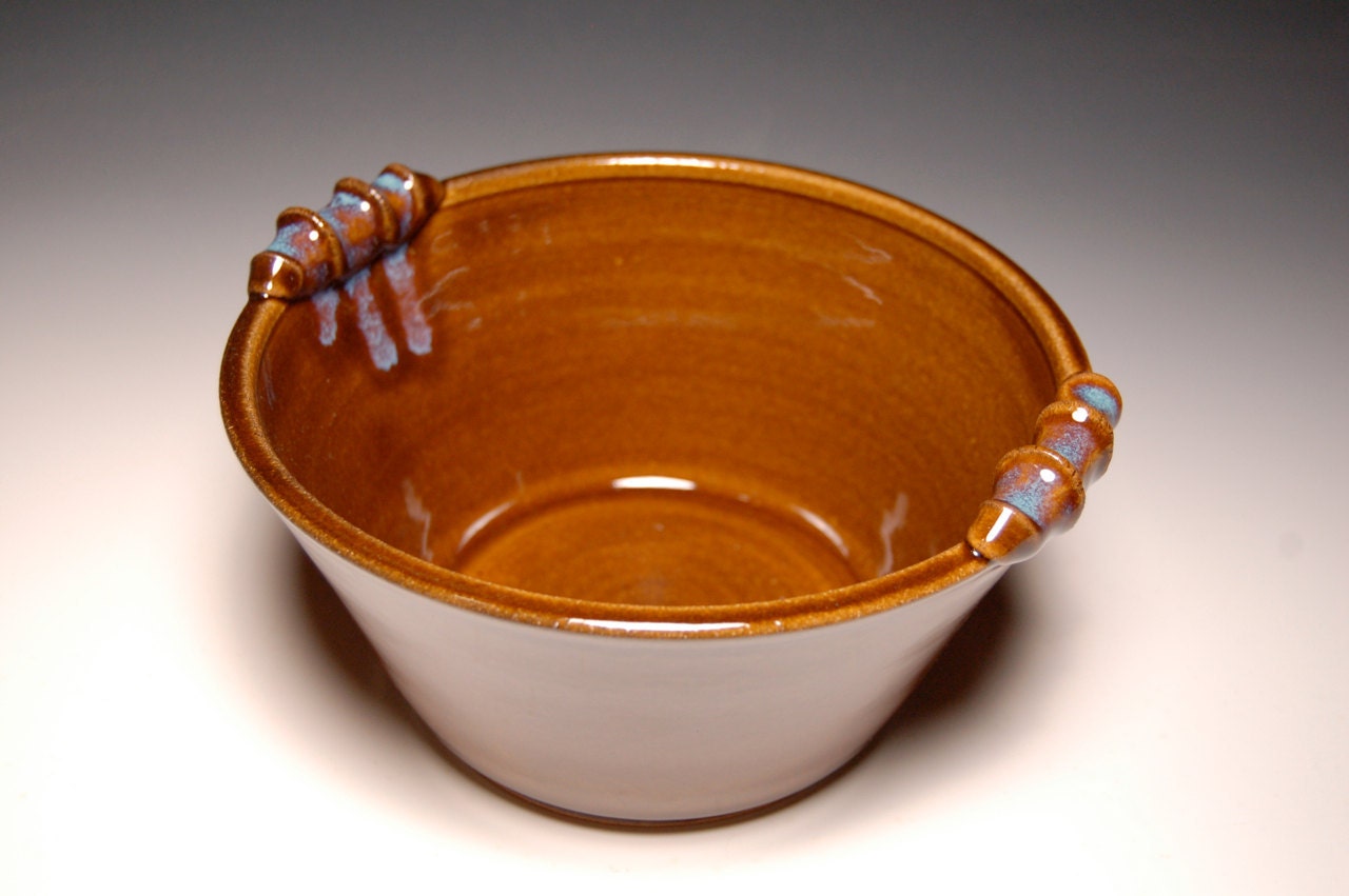 4 Cup Round Handled Casserole or Serving Bowl- Brown and Teal Pottery