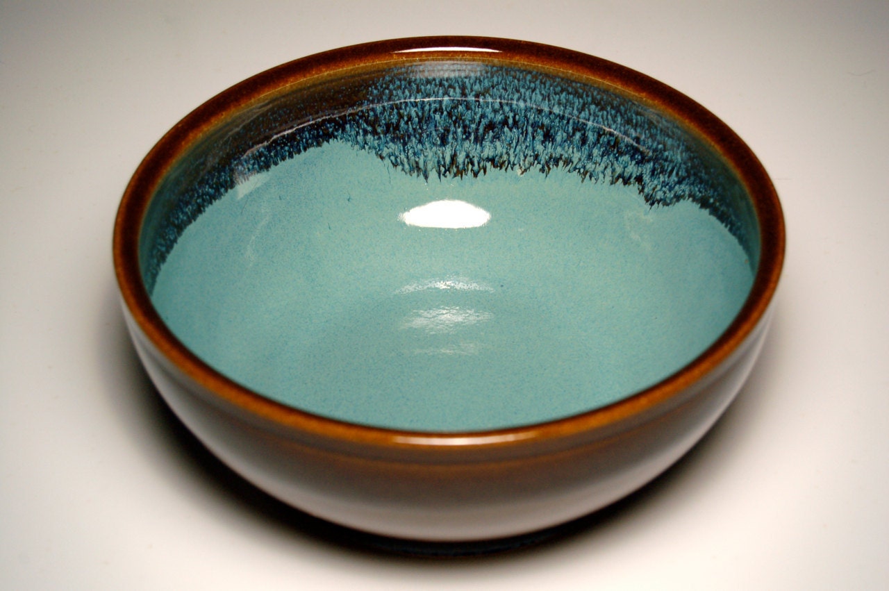 Hand-Thrown Serving Bowl - Brown and Teal Pottery