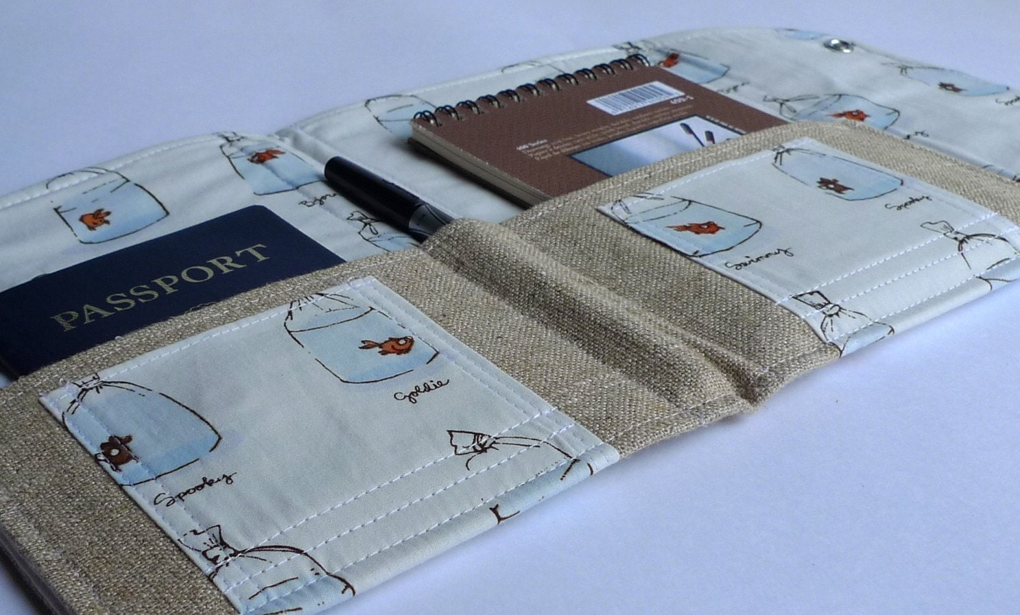 Limited Edition- Linen In Touch Clutch (tm) in Heather Ross' Lightning Bugs Line Goldfish Bags