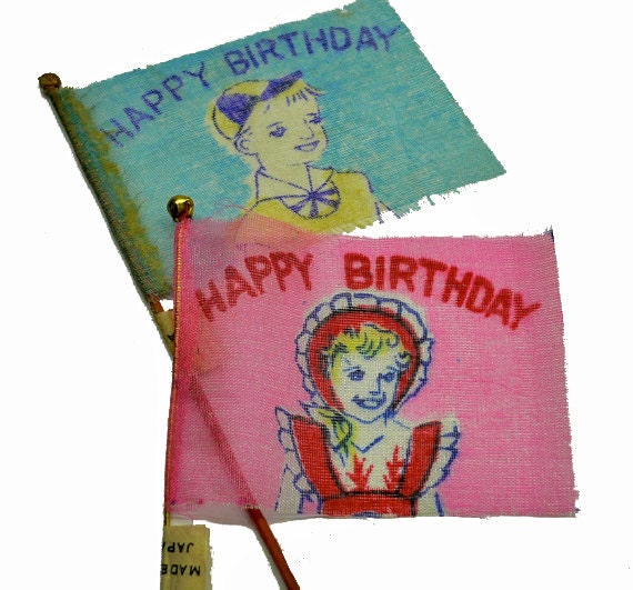 TINY BIRTHDAY FLAGS 2pc 50s Vintage Silk Made in Japan
