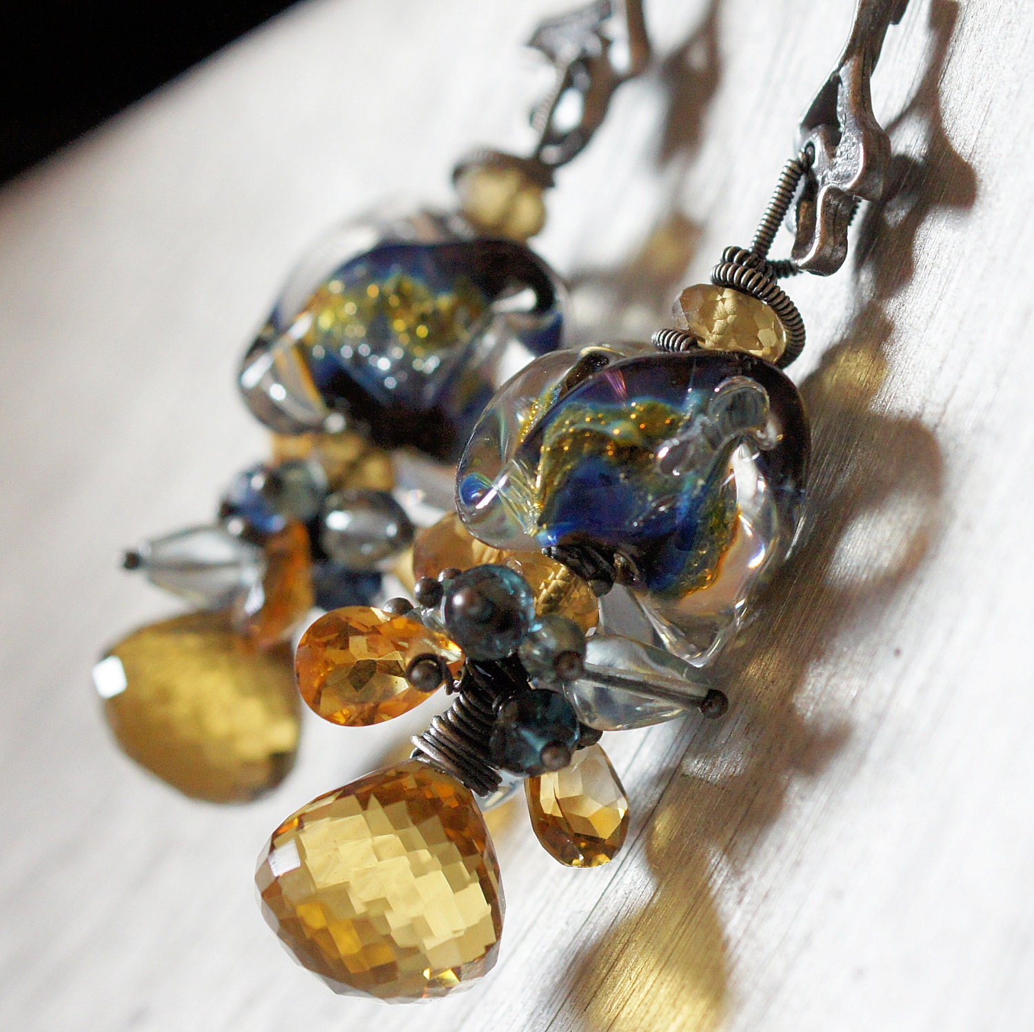 Whiskey Quartz velvet blue Kyanite Blue Topaz Apatite Citrine Boro lampwork glass wirewrapped Sterling Silver Earrings