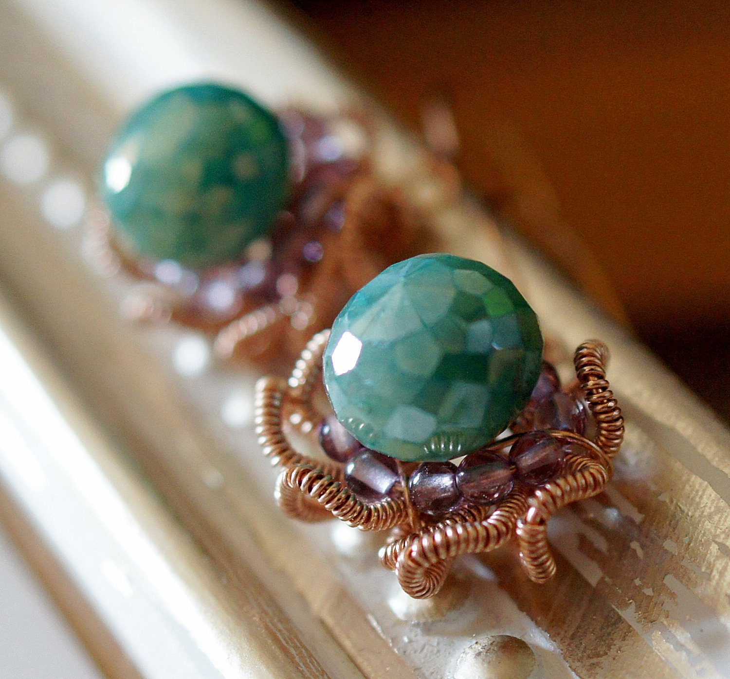Puya mystic Emerald light purple Amethyst 14kt Rose Pink Goldfill wire Flower charm dangle Earrings