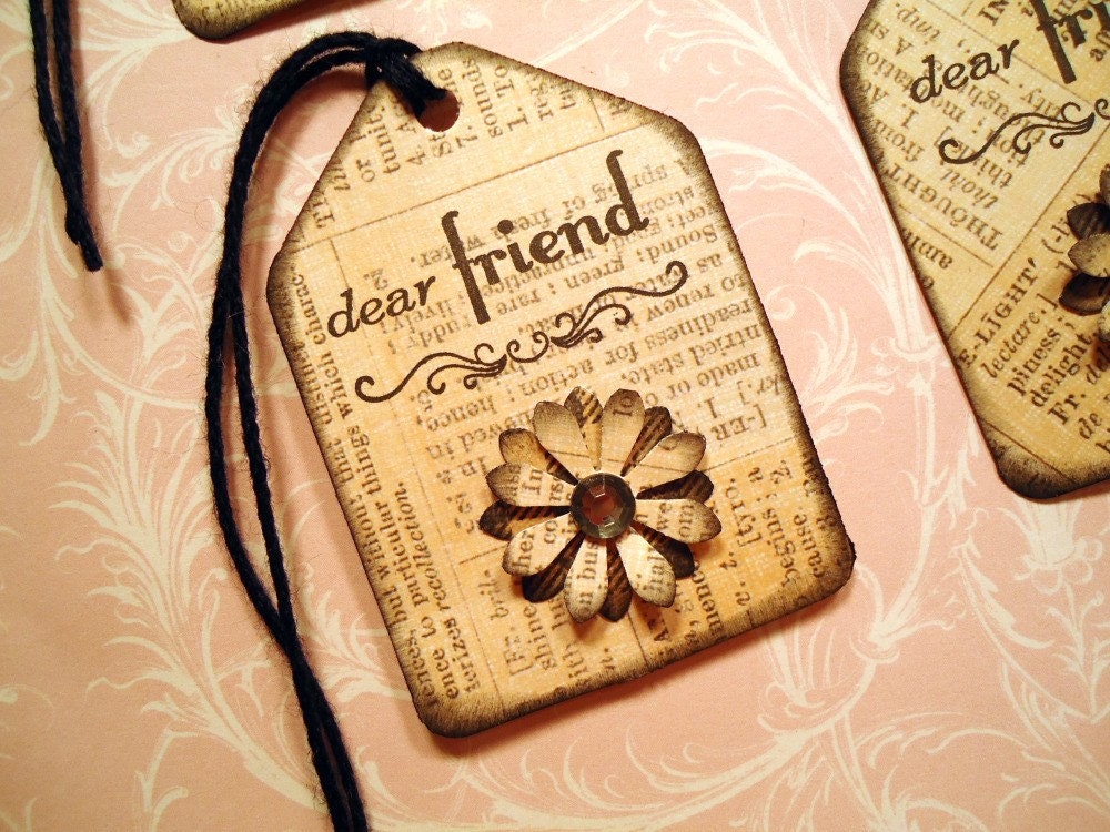 Vintage Chic Gift Tag Set - Dear Friend with paper flowers and newsprint, Handmade by misseskwittys on Etsy