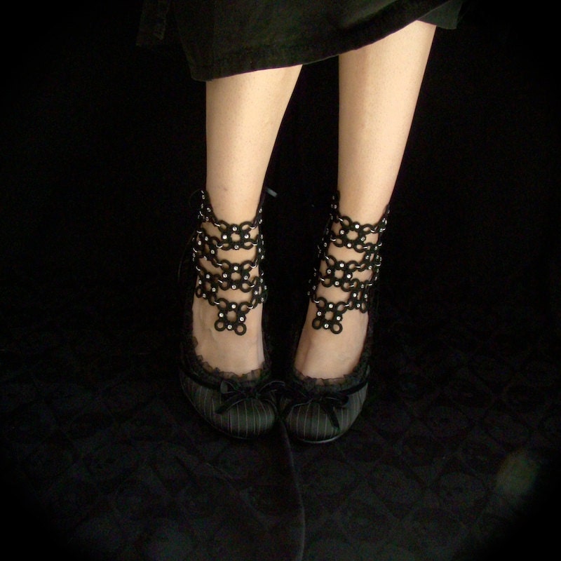 Tatted Lace Ankle Corsets - Lace Maille - Black and Crystals