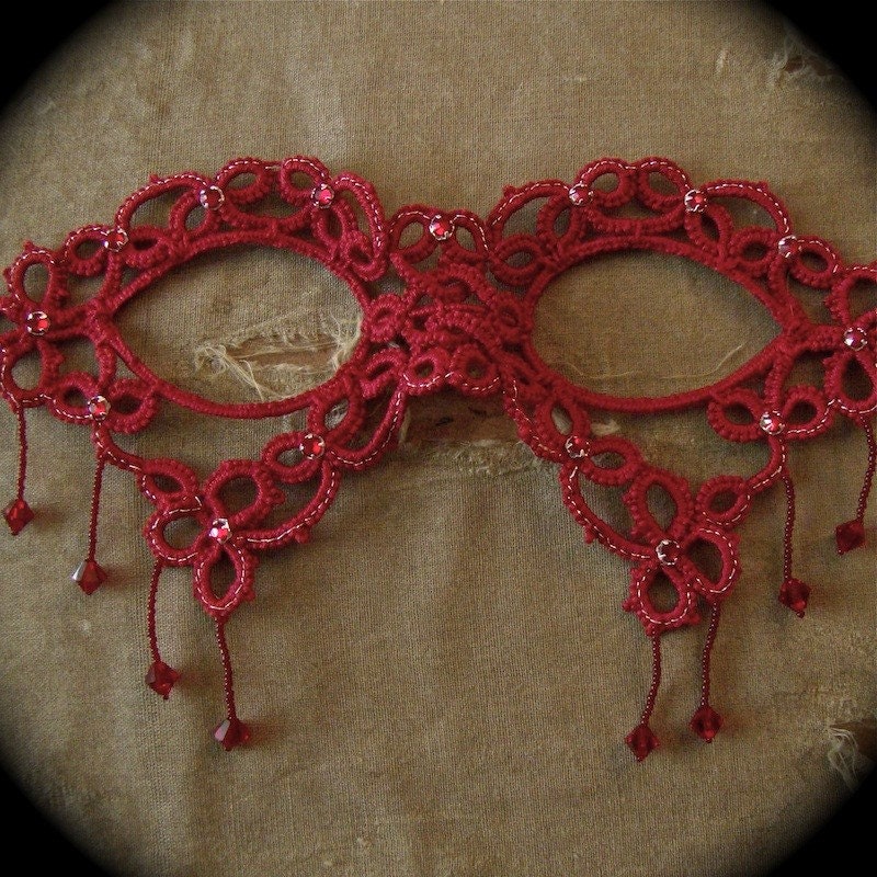 Tatted Lace Mask - Such A Sad Love - Embellished Red