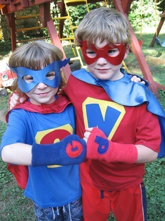 2 Superhero Capes Costume or Princess Costume 2 kids Cape 2 Tees 2 Mask and 2 pairs of Gloves Il_570xn