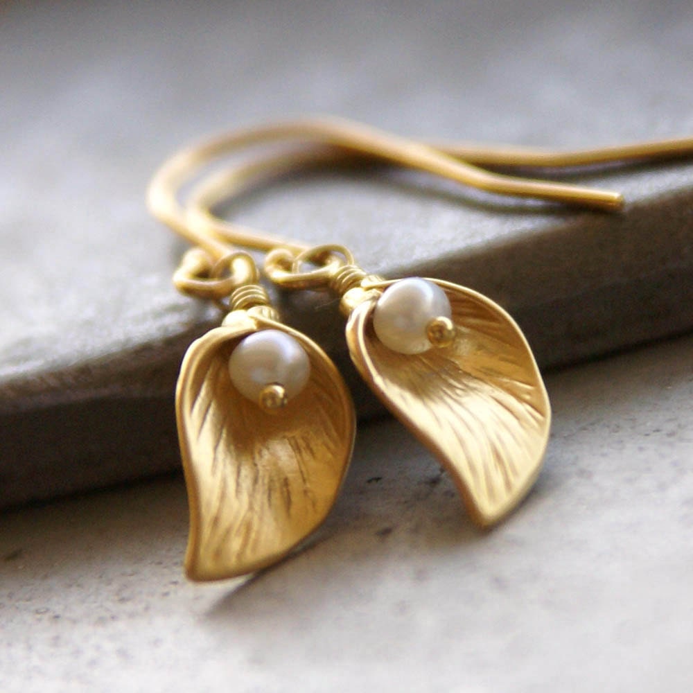 Calla Lily Earrings with Freshwater Pearls - Everyday Jewelry, Birthday & Mother's Day Gifts