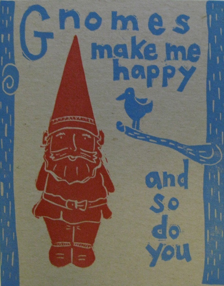 Gnomes Make Me Happy Linocut letterpress print postcard set of 3