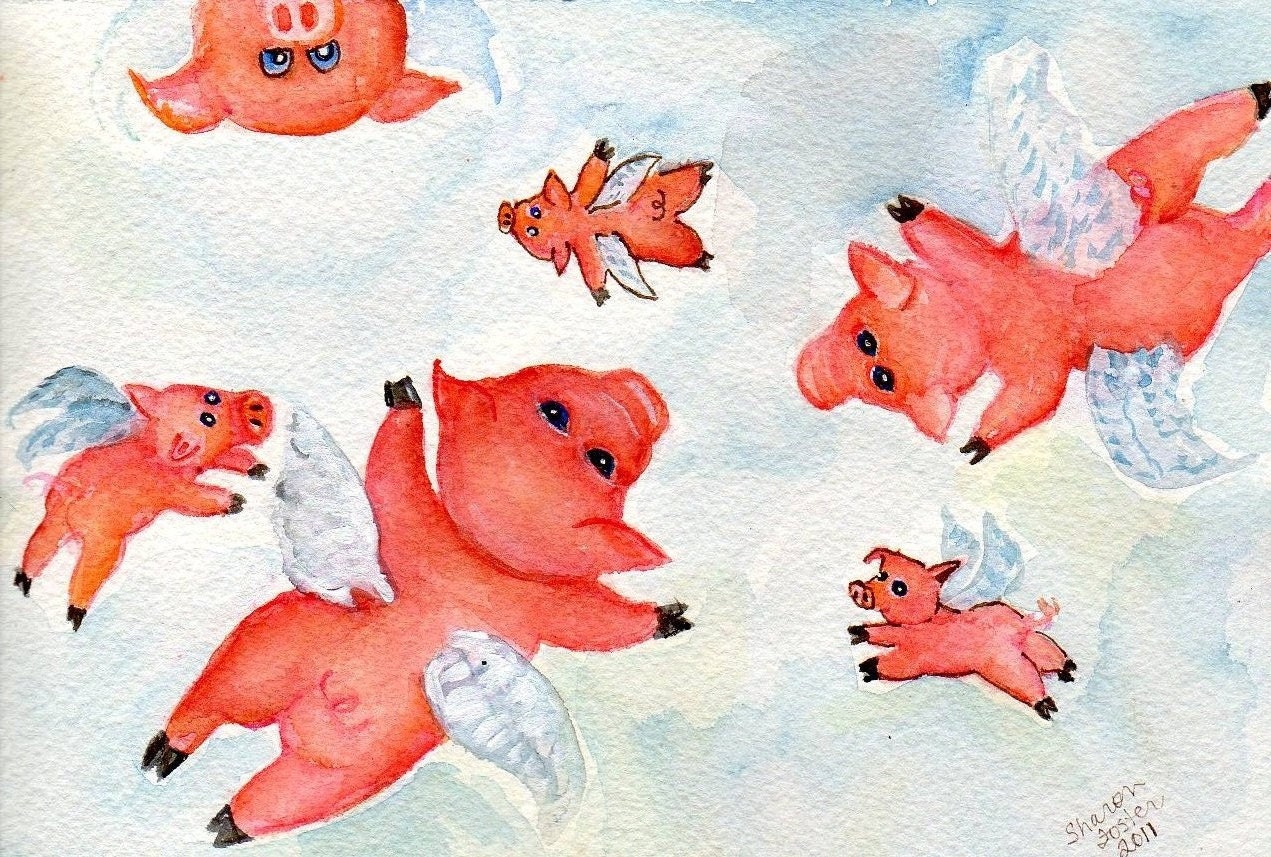 Original Flying Pigs and Piglets Watercolor 6 x 9 inches