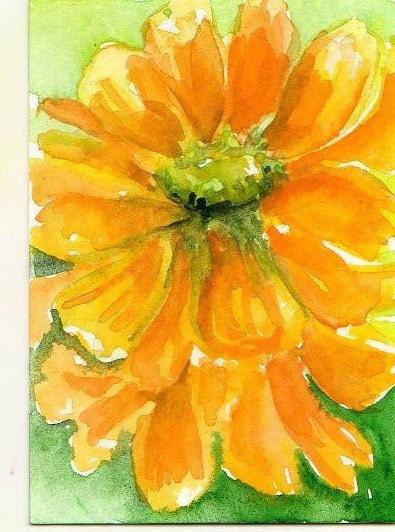 Yellow Zinnia  Painting ACEO Original Watercolor