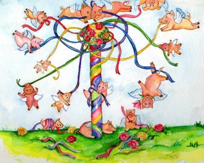May DAY -Original Painting Flying Pigs Fly around the May Pole with mixed results, When pigs fly - SharonFosterArt