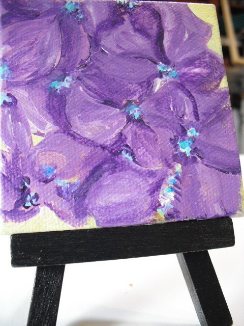 Closeup Purple Hydrangeas Blooms  original  mini painting on Canvas with Easel