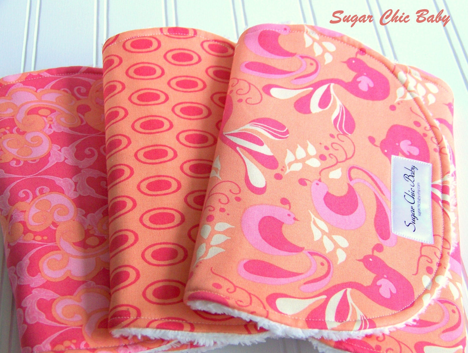 Baby Girl Burp Cloths  -  Triple Layer -   Set of 3  -  Trendy Pink and Orange