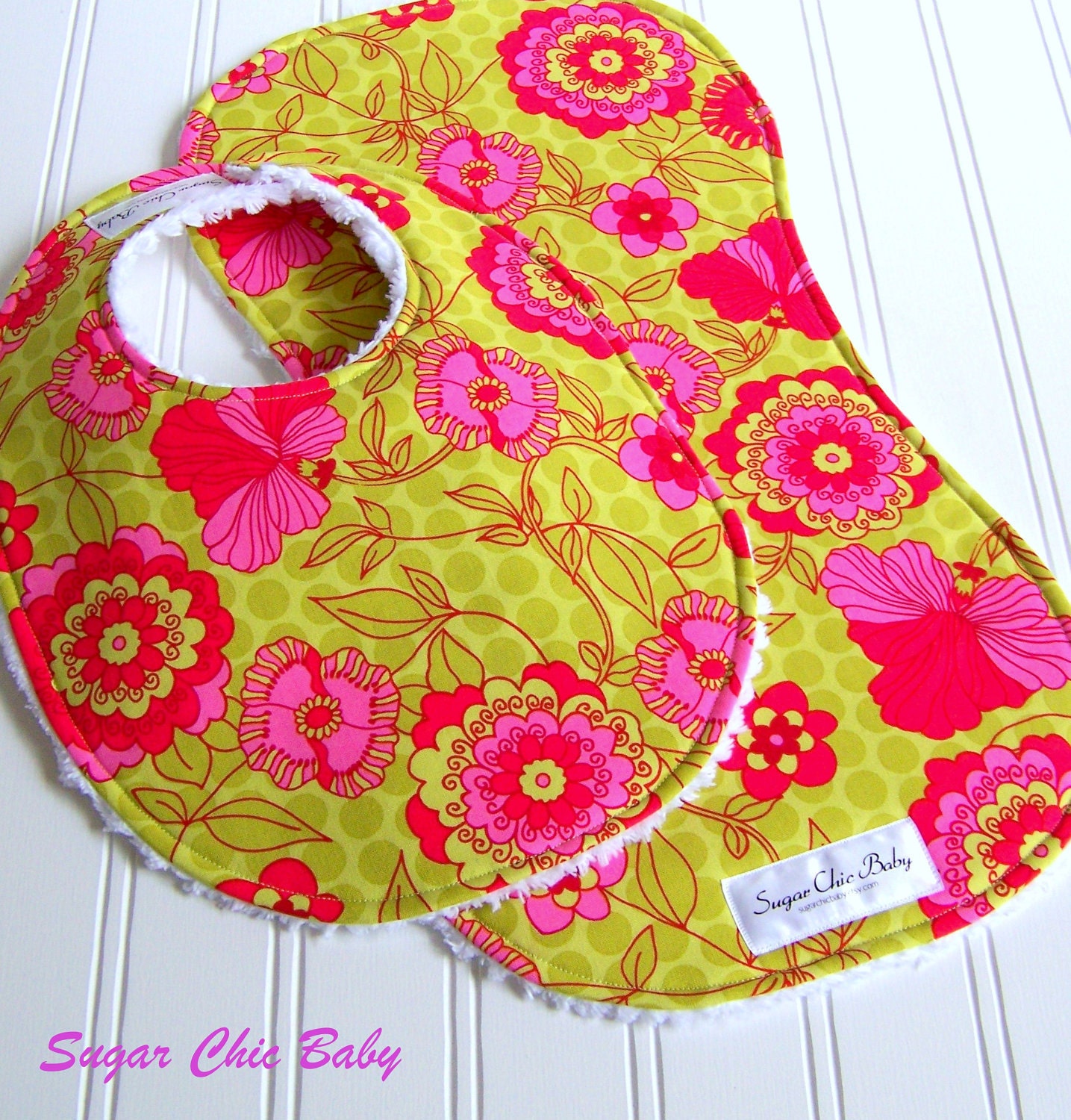 Baby Bib & Burp Cloth Set Girl -  Triple Layer Chenille  - Pink,  Lime Green Floral, Dots and Damask