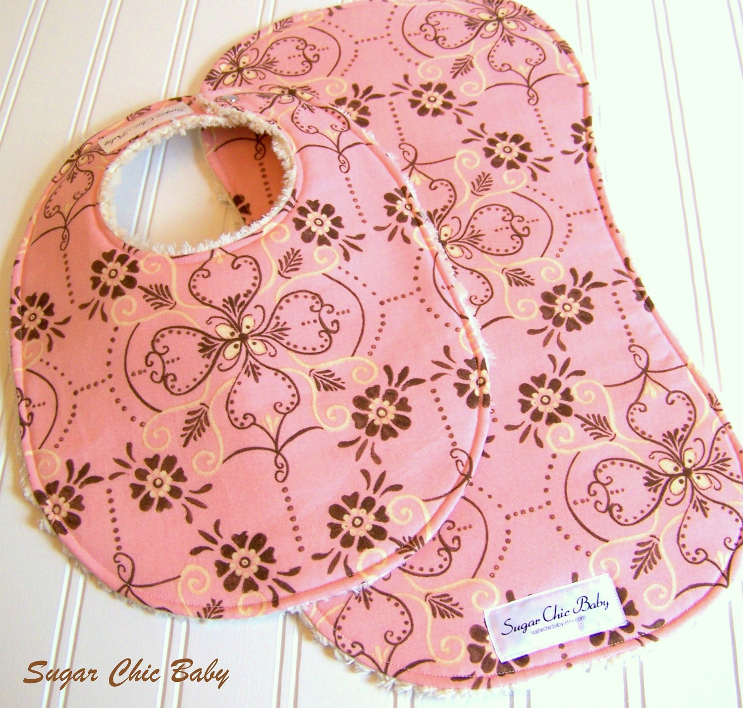 Baby Bib and Burp Cloth Set Girl  -  Shabby Chic Pink and Brown  -  Triple Layer Chenille