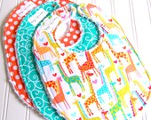 Gender Neutral Baby Bibs  -  Set of 3 - Giraffe Love, Aqua Swirly and Tangerine Dot -  Triple Layer Chenille Baby Bib for Boy or Girl