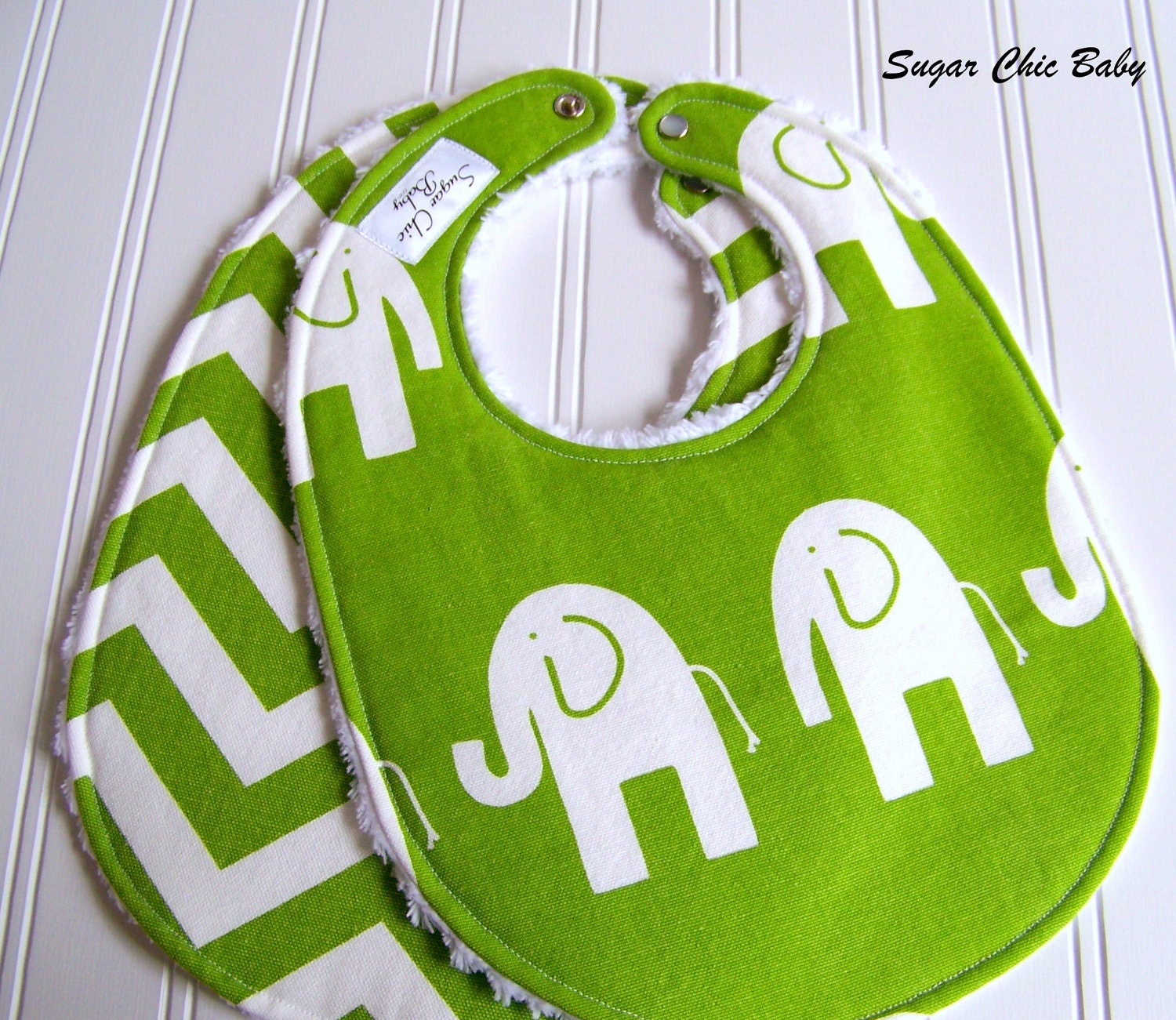 Gender Neutral Baby Bibs - Set of 2 Triple Layer  - Green Elephants and Chevron Chenille