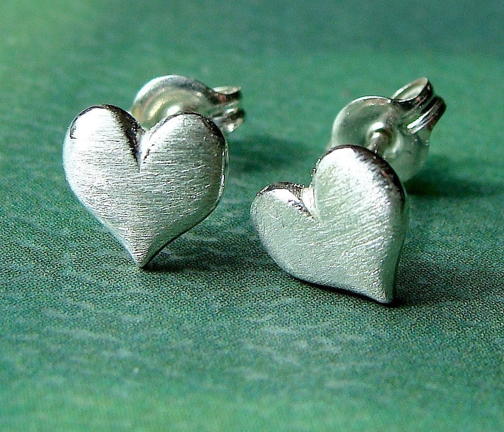 8mm Brushed Heart Sterling Silver Stud Earrings Valentine Jewelry Gift Post Earrings Heart Studs