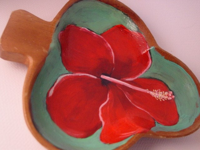 Hand painted vintage wooden bowl of a Red Hibiscus Recycle and Reuse
