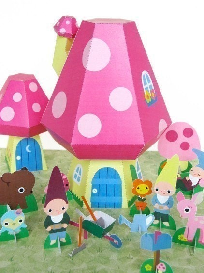 Gnome Mushroom Cottage Playset Printable Paper Craft PDF