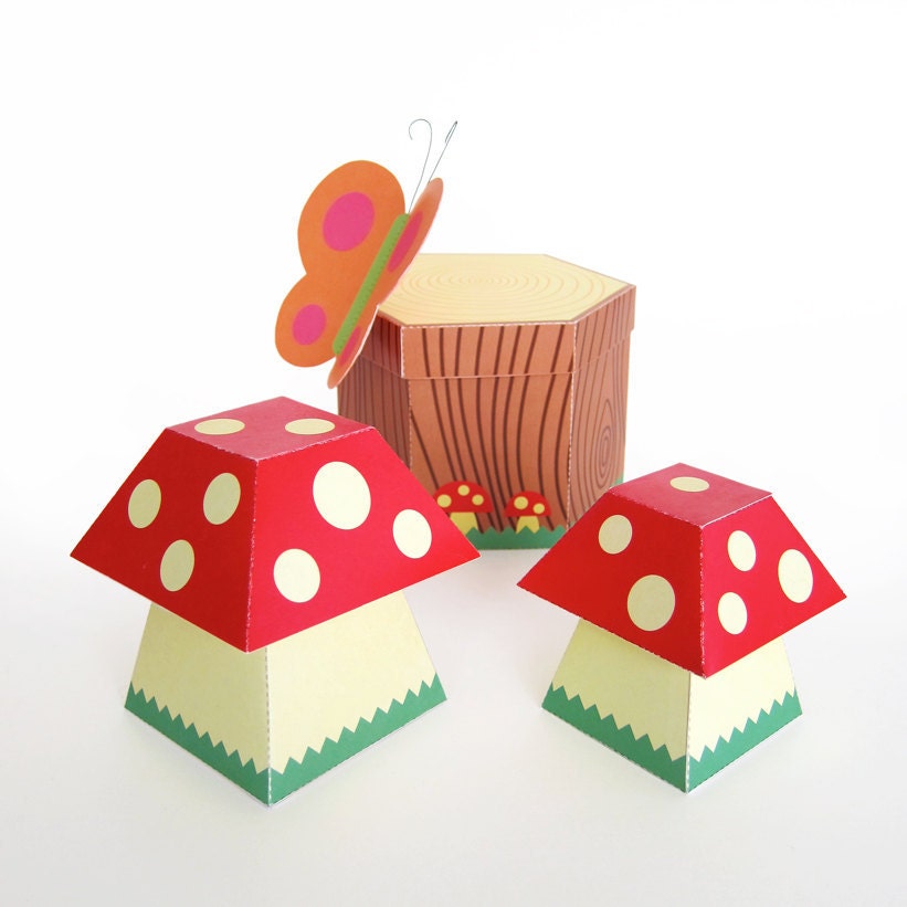 Mushroom and Tree Stump Treat Boxes Printable Paper Craft PDF