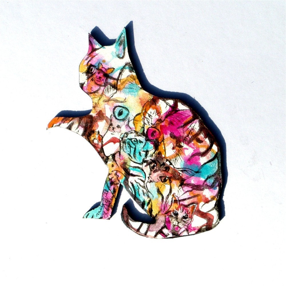 Cat Art Silhouette Painting original Watercolor Wall Decor Floating Folk Art Painted Sitting Kitty Wood Cut Out