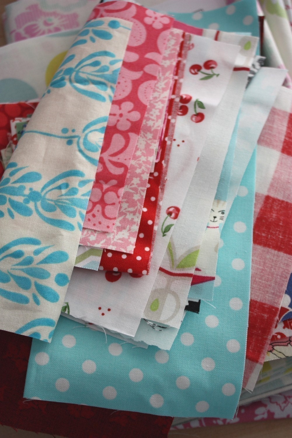 Sale.  Grab Bag of Pink, Red, and Aqua Fabric Scraps.
