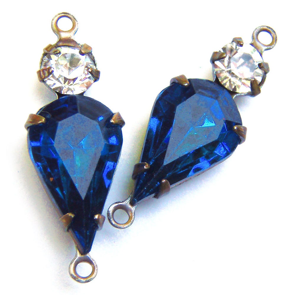 Sapphire Blue, Vintage Rhinestone, Pear, Duo Charms, Swarovski Crystal, Patina Brass Settings, Pear, 24mm, One Pair, Worldwide Shipping