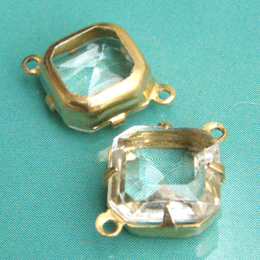 Clear, Vintage Rhinestone, Octagon, Golden Brass Settings, 10mm x 10mm, One Ring or Two Ring, One Pair, Worldwide Shipping