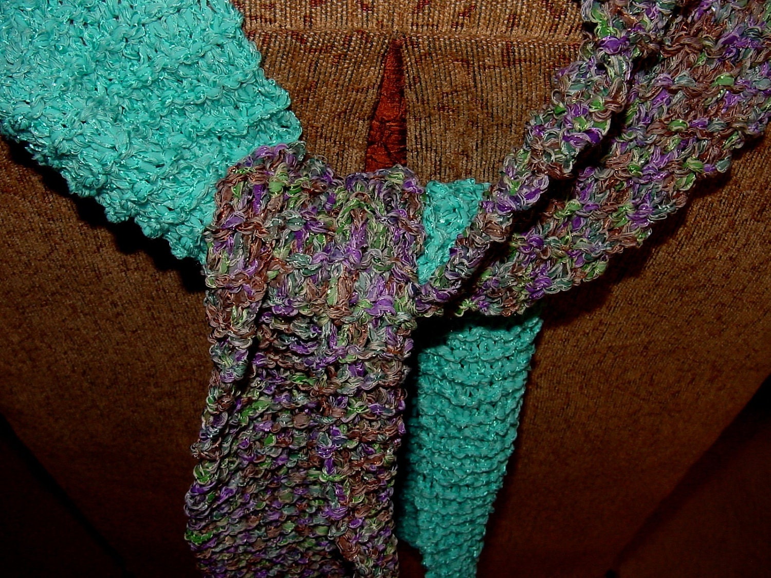 Hand Knit Scarf Lana Gross Croisette Italian Yarn Aqua Blue Purple Green Tan Free Shipping
