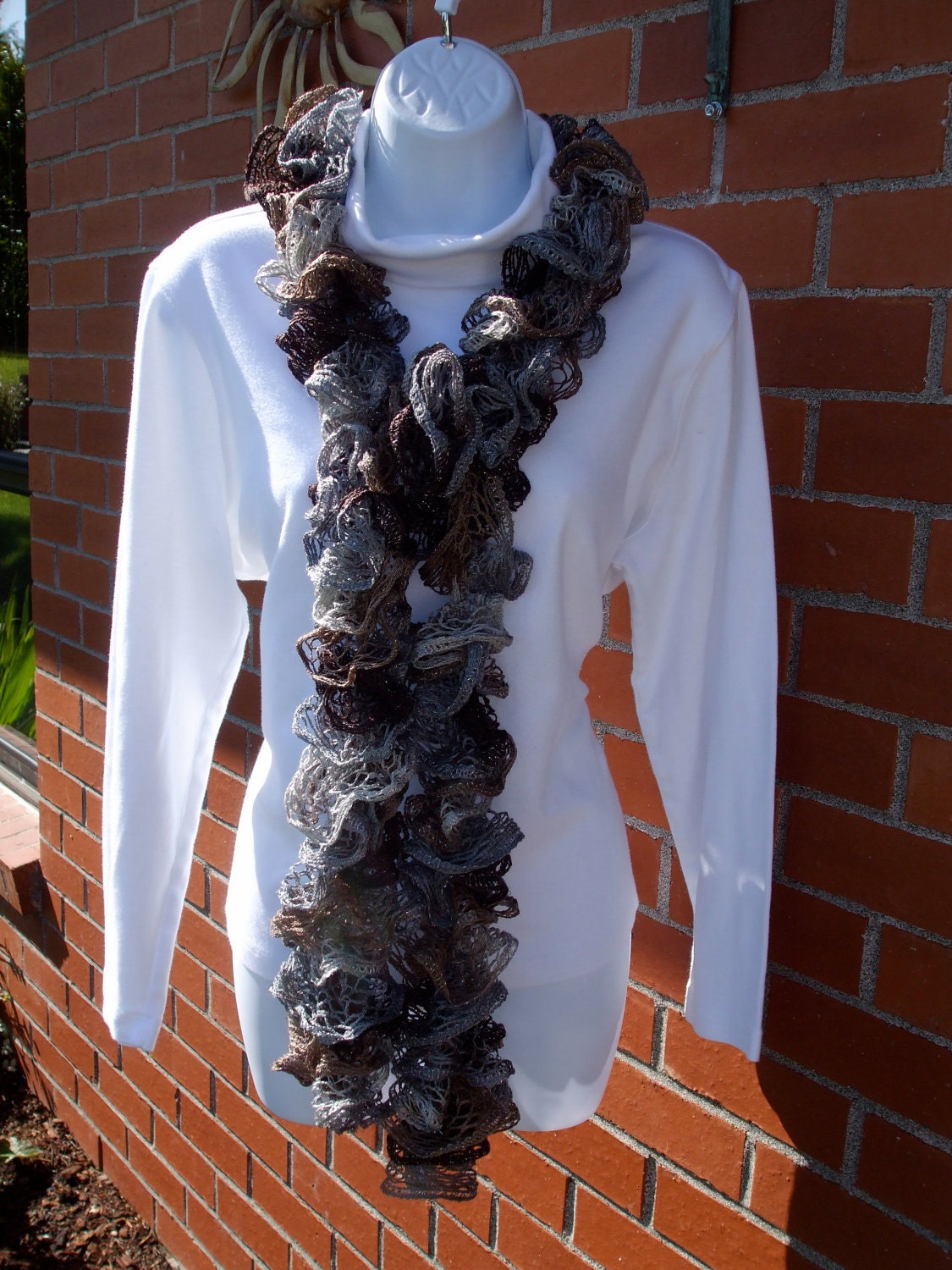 Handmade Knit Ruffle Scarf EARTH steel gray silver brown coffee New 70" Long FREE SHIPPING