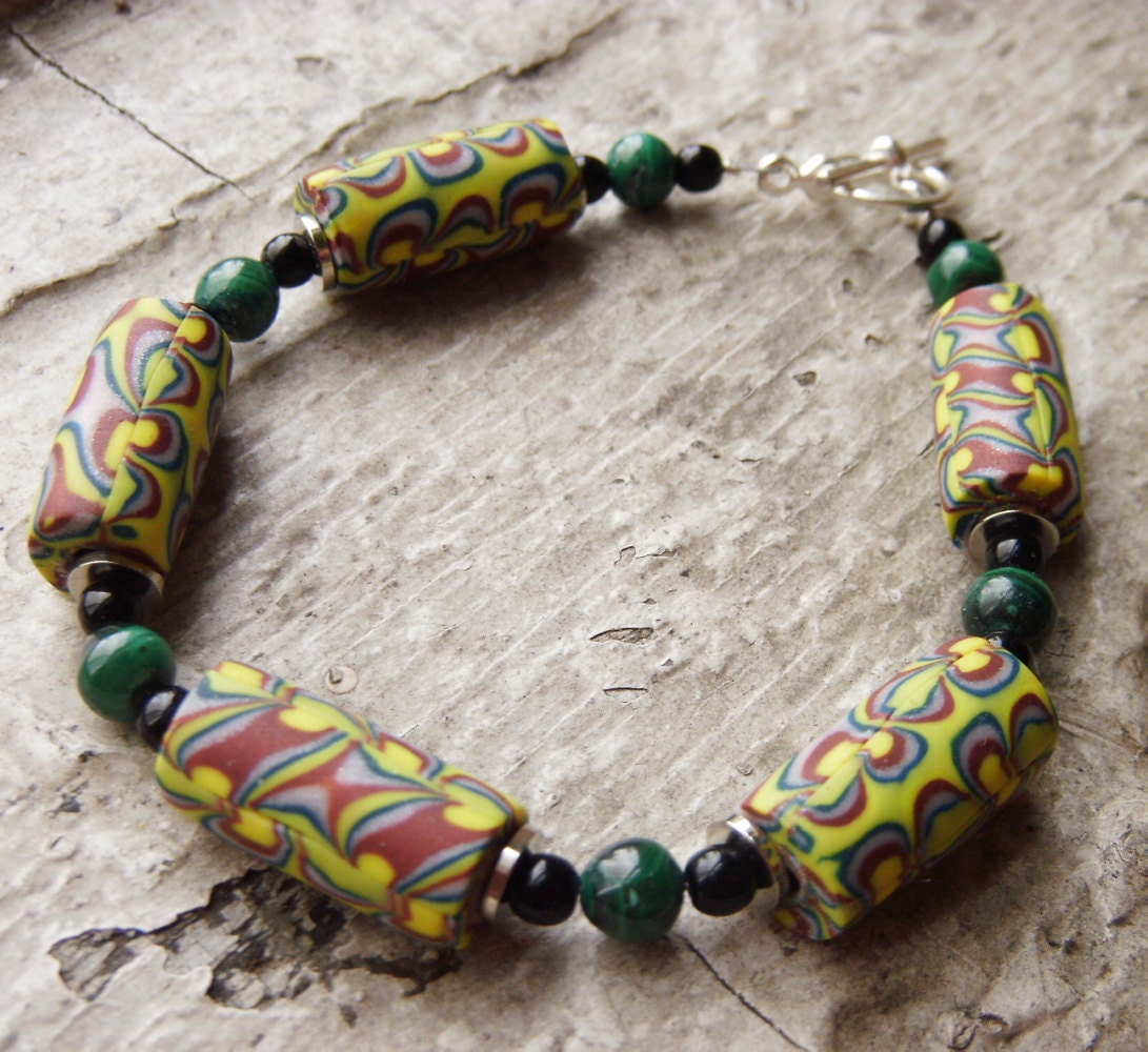 Handmade Polymer Clay and Malachite Bracelet
