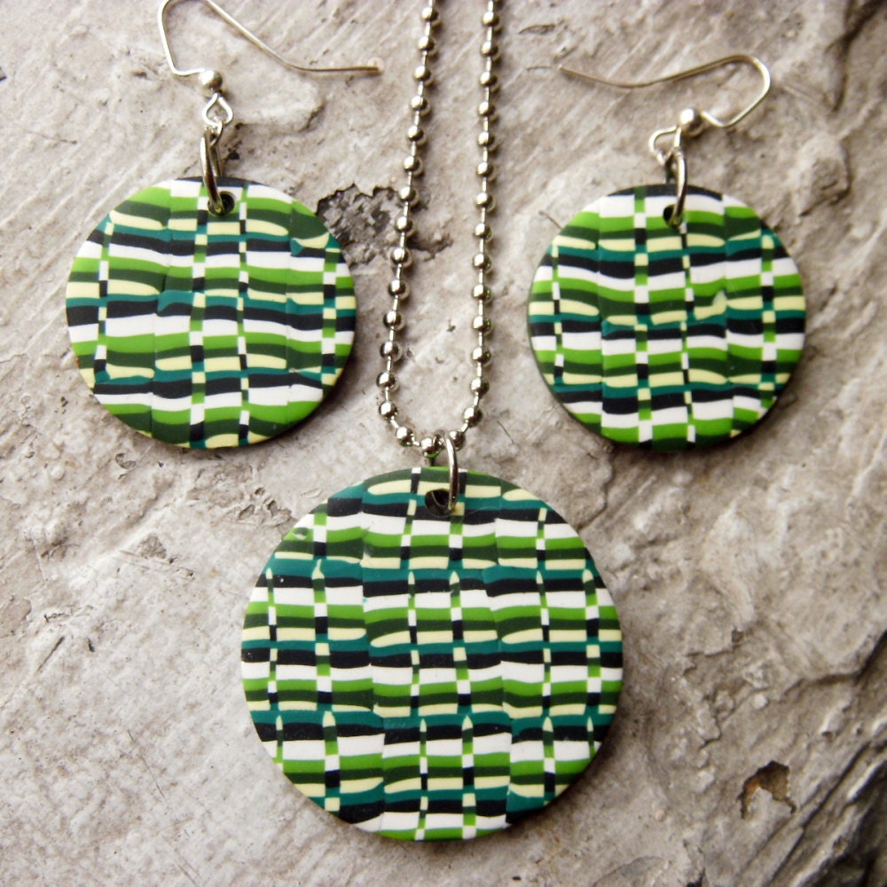 Matching Graphic Green Polymer Clay jewelry set