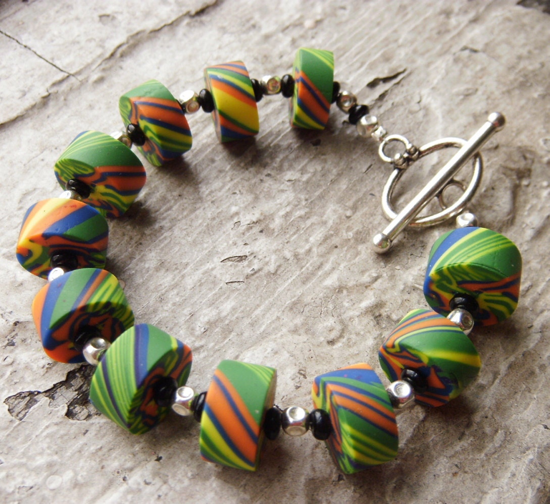 Orange and Green Striped Polymer Clay Bracelet