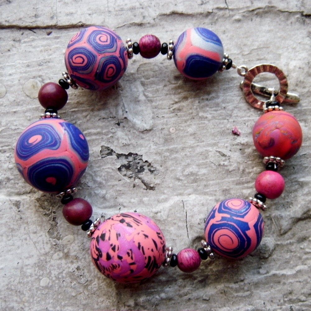 Pink and Purple Party Polymer Clay Bead  Bracelet
