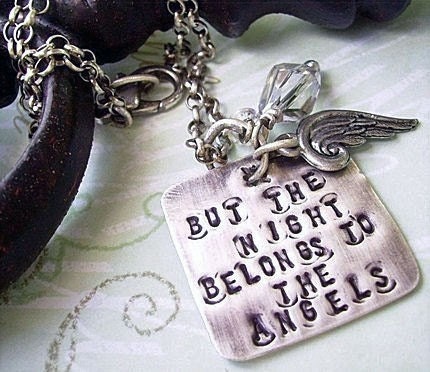 hand stamped necklace sterling silver - Night Angel - Scriptz Charm - Rustic Forged Organic - can be personalized