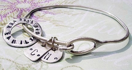 EMBRACE THE CHARMS - Hand Stamped custom Sterling Silver Bracelet w Organic Open Disc and 2 shapes - personalized