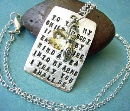 Fertility Goddess Scriptz - Hand Stamped Poem Charm Necklace with Briolette and Goddess Charm Dangle READY TO SHIP